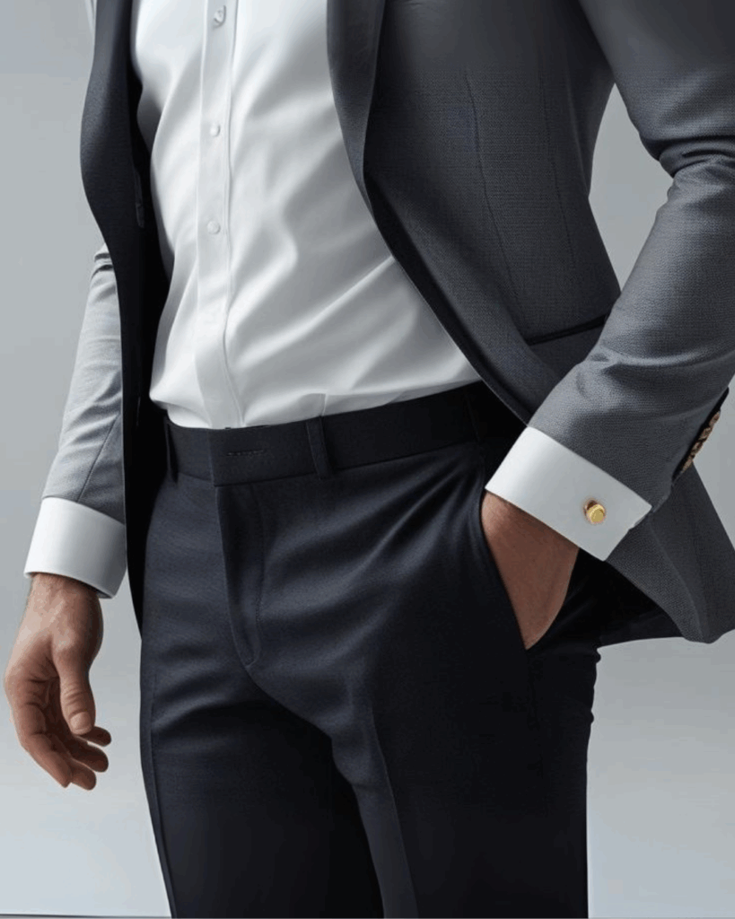 Homme en costume 3 pièces bleu marine avec boutons de manchette en or blanc JODH