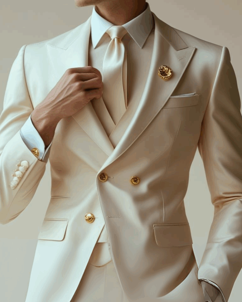 Costume sur mesure mariage avec boutons de manchette en or blanc JODH costume sur mesure mariage