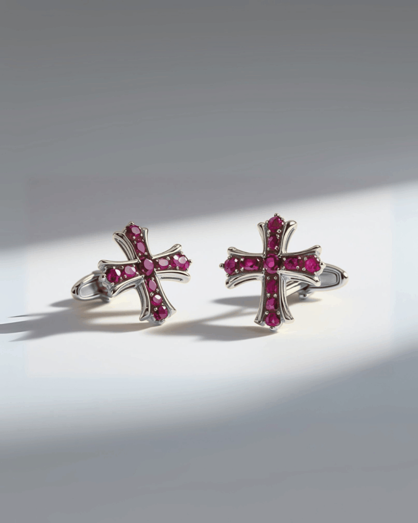 costume sur mesure mariage bouton de manchette croix rubis or blanc 18 carats