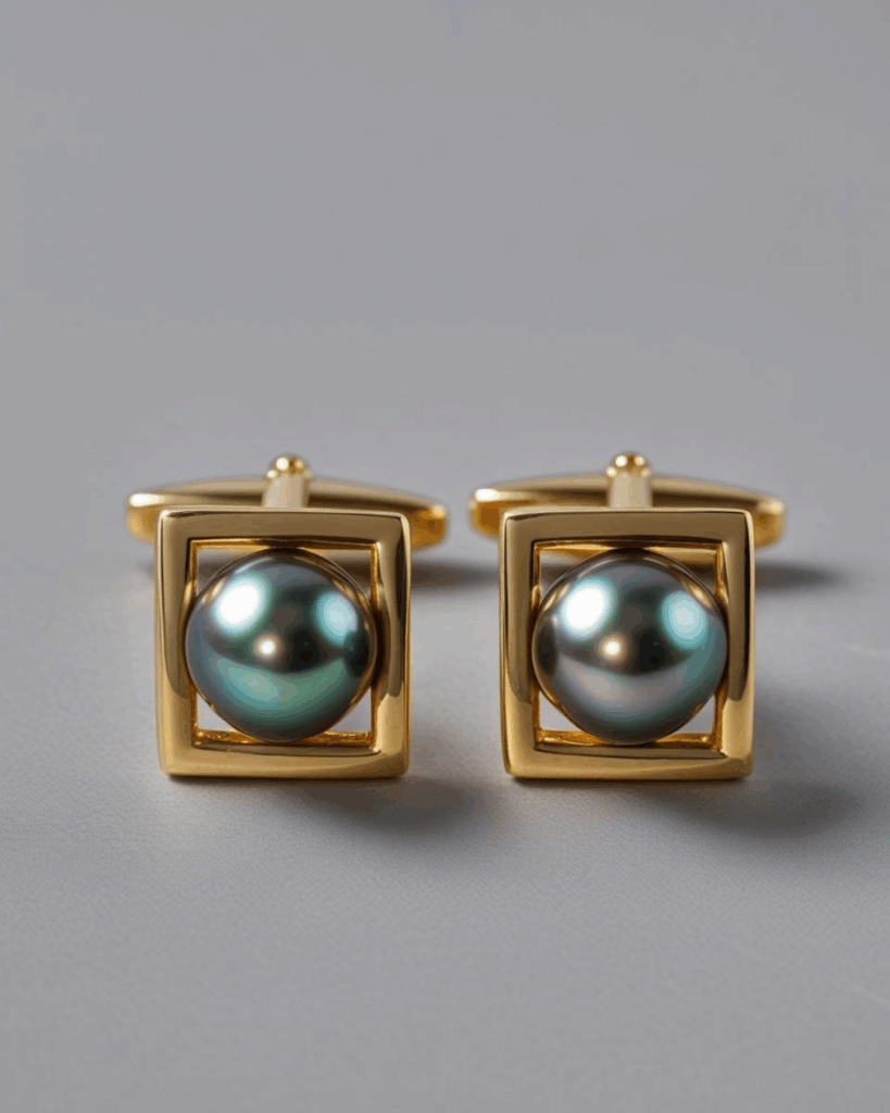 Bouton de manchette carré or jaune avec perle naturelle de Tahiti - bouton de manchette personnalisé mariage